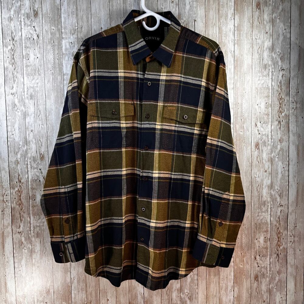 Orvis Flannel Shirt Mens L Navy Orange Plaid Pocket Flap Outdoor Button Up Shirt